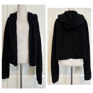 FAVLUX Fluffy Black Sherpa Teddy Open Front Jacket Coat Fall Spring Soft Cozy L